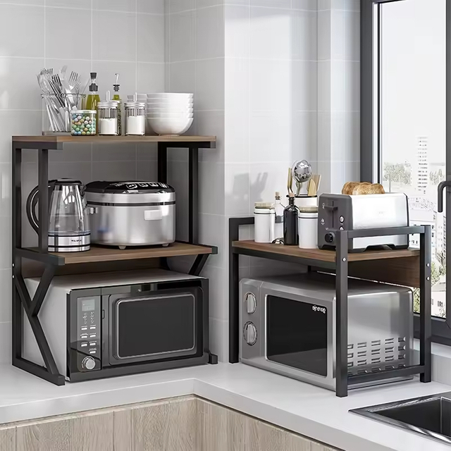 Custom Fruit and Vegetable Storage Rack with 2 Shelves Table Top Thickened Metal and Wood Modern Design Customizable Color