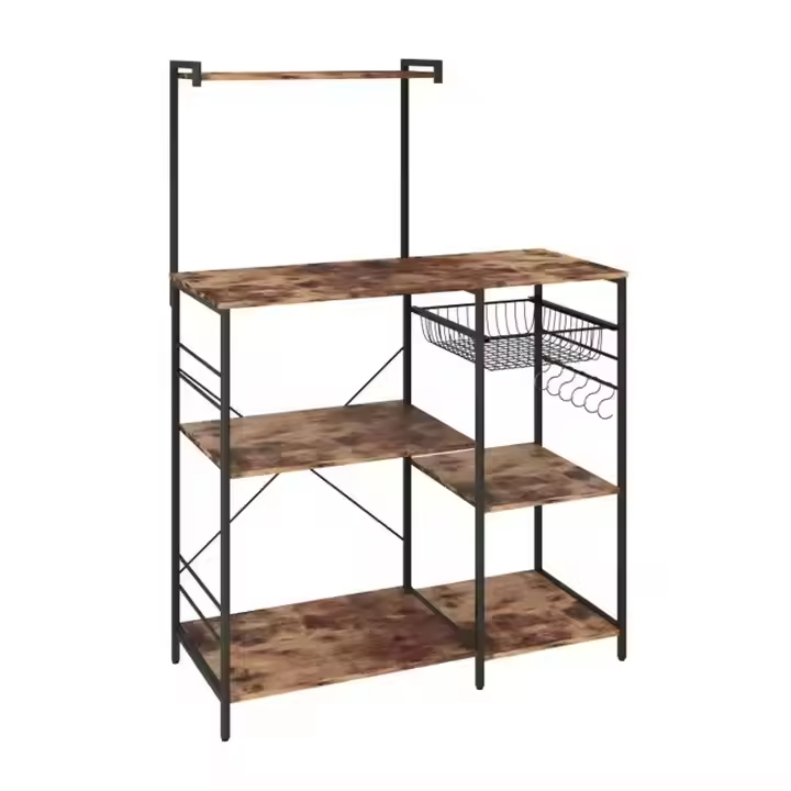 Custom Multi-Layer Modern Kitchen Coffee Bar Storage Cabinet with Power Charging Metal Wood Construction Freestanding Design