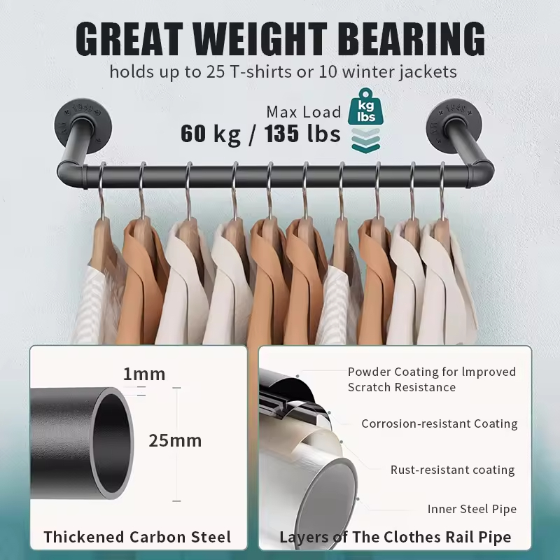 Wholesale Factory Customized Black Iron Rod Heavy Wall Mounted Industrial Pipe Hanger 2 Sets Detachable Strong Bathroom