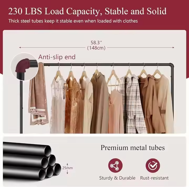 Modern Matte Black Z Rack Single Adjustable Hanging Rail Lockable Wheels Tool-Free Assembly for Boutique Bathroom Living Room