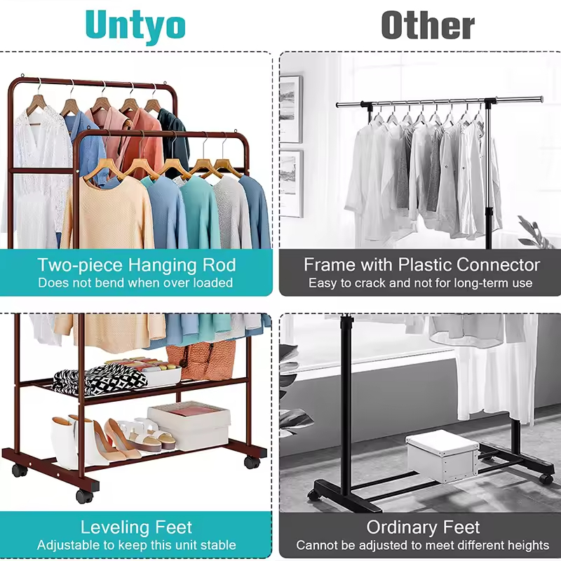 OEM & ODM Factory Metal Clothing Rack with Wheels Double Rails 110 LBS Capacity Indoor Use for Bedroom Bathroom Clothes Storage