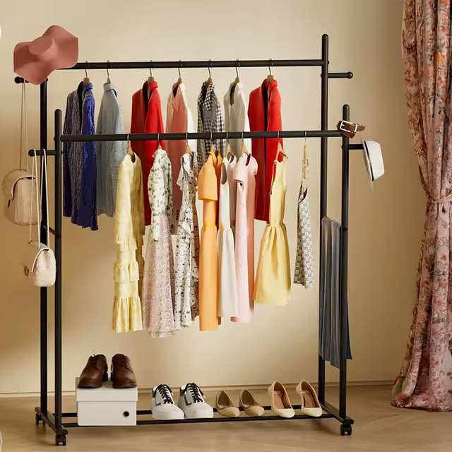 Stationary Feet Metal Rolling Clothing Rack Hanging Rods Hooks Detachable Waterproof for Bathroom Wardrobe Closet Organization