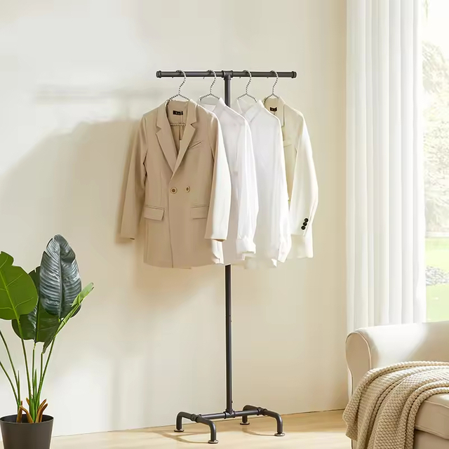 Custom logo Stand Steel Rod for Clothes Hangers Solid Wood Floor Bedroom Coat and Hat Rack Vertical Space Saving Clothes Hanger