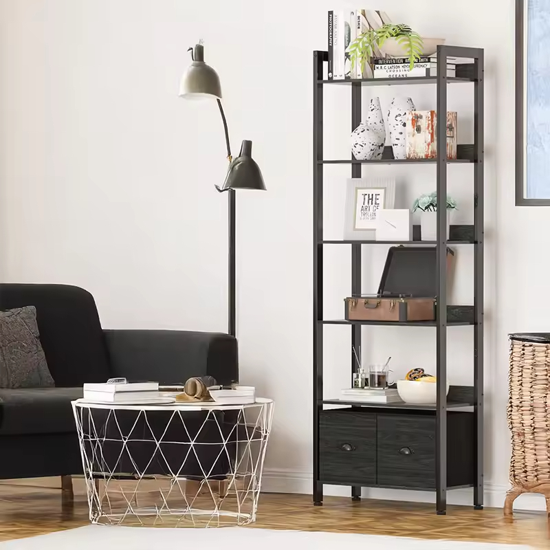 Factory OEM&ODM 5-Tier Wood and Metal Bookshelf Tall Bookcase with 2 Storage Drawers Industrial Display Standing Shelf Units