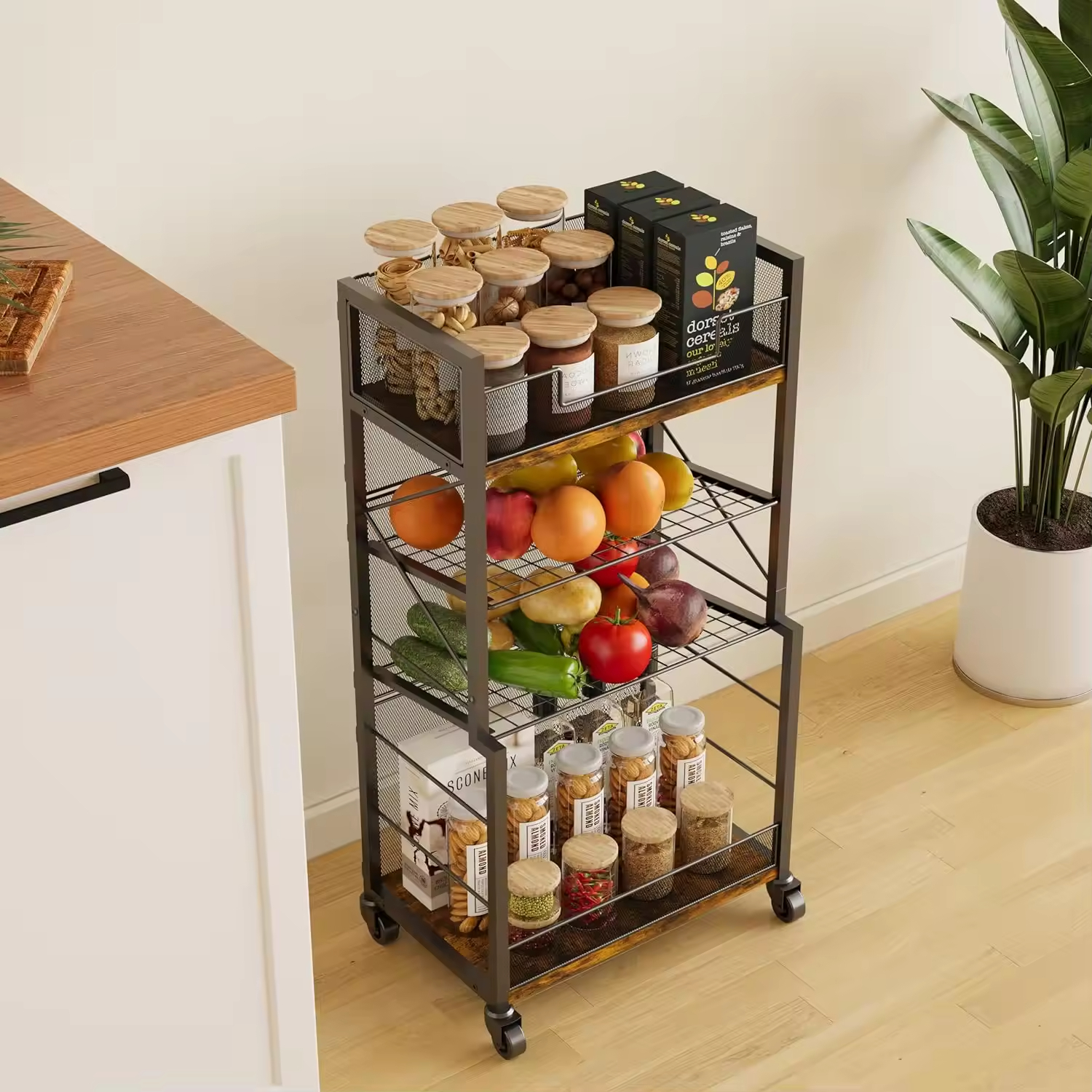 4-tier Rolling Storage Cart Organizer With 2 Mesh Sliding Trays for Home Offices Schools or Living Room Kitchen Shelving