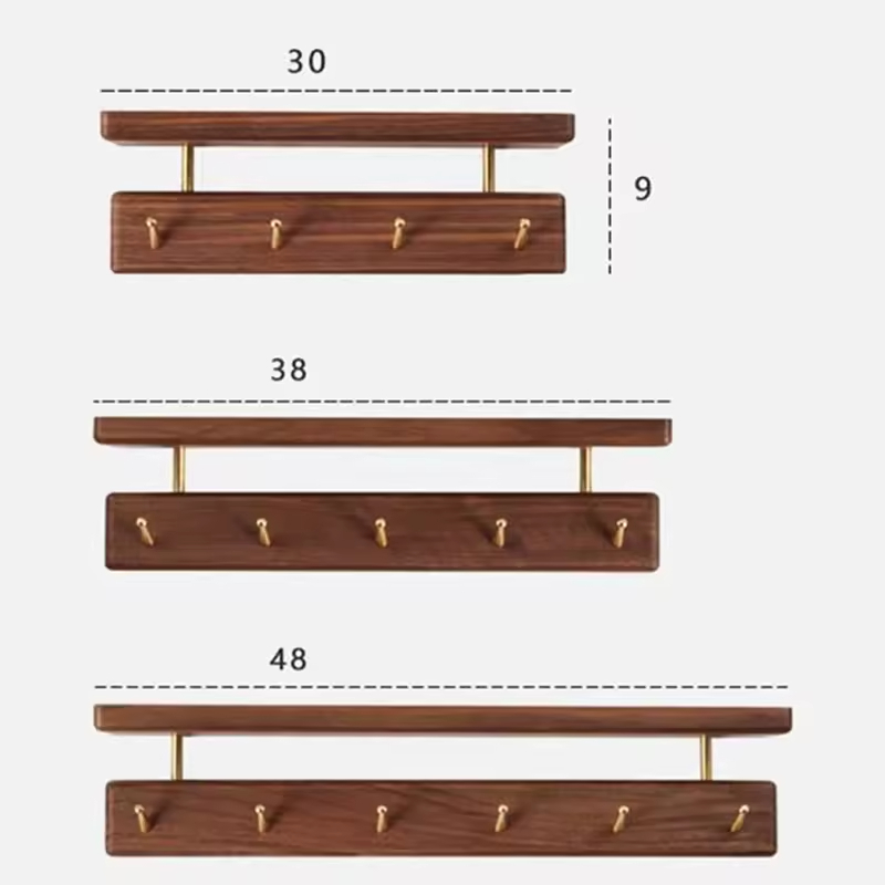 Modern Black Walnut Wooden Rectangle Coat Hook Key Storage Rack Punch-Free Wall Hanging Durable Space-Saving Home Decor Door