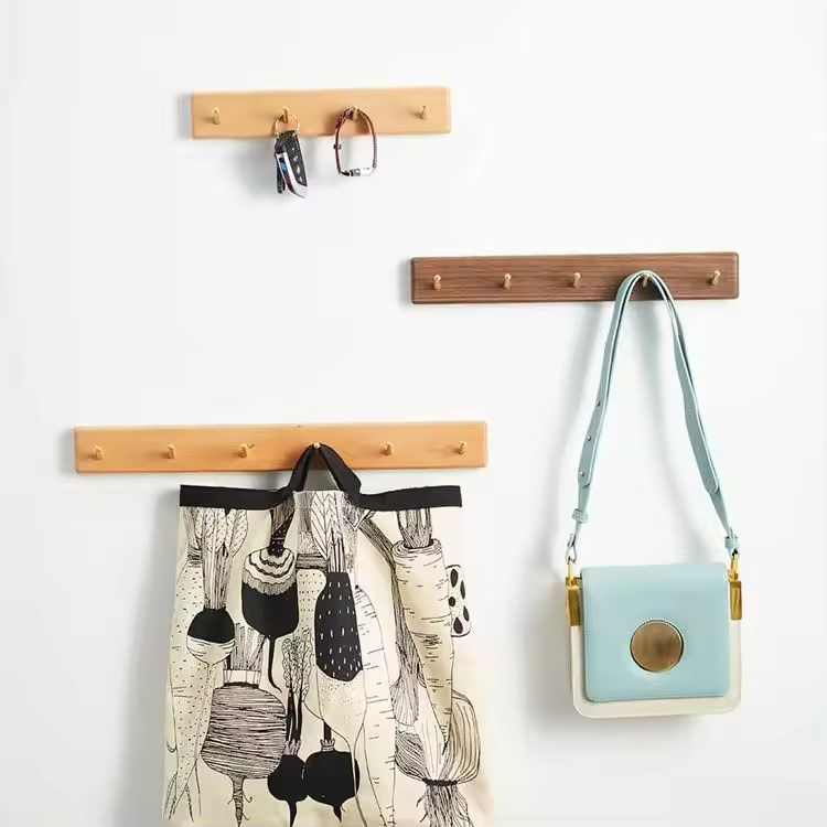 Modern Black Walnut Wooden Rectangle Coat Hook Key Storage Rack Punch-Free Wall Hanging Durable Space-Saving Home Decor Door