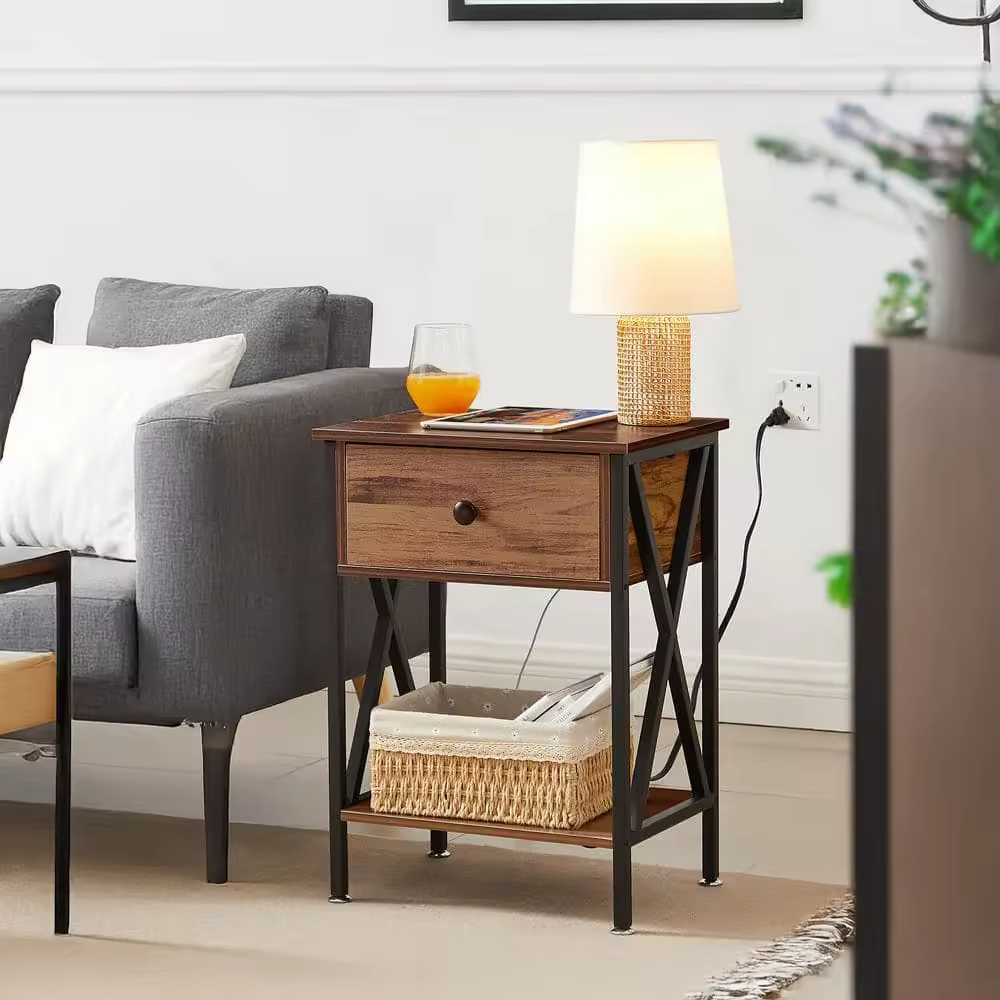 OEM ODM Custom End Table with Charging Station with 1 Wooden Drawers Livingroom Cabinet Couch Nightstand End Side Table