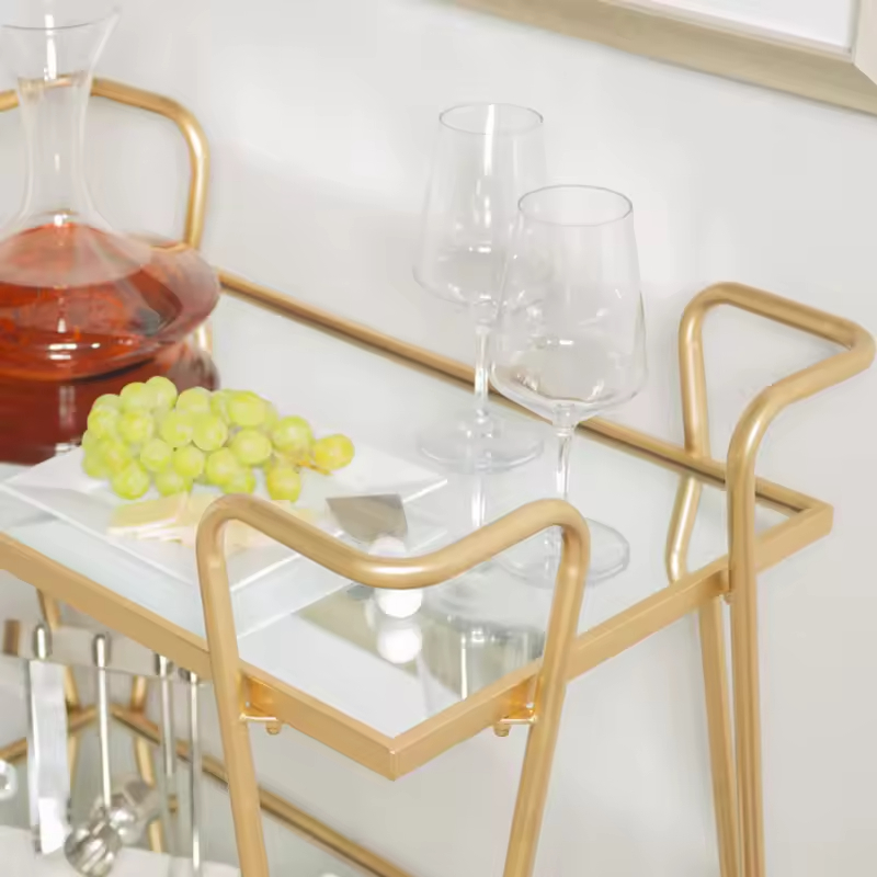 Modern Hotel Trolley Indoor/Outdoor Gold Folding Metal Rolling Multifunction Serving Bar Cart for Kitchen Living Room & Bathroom