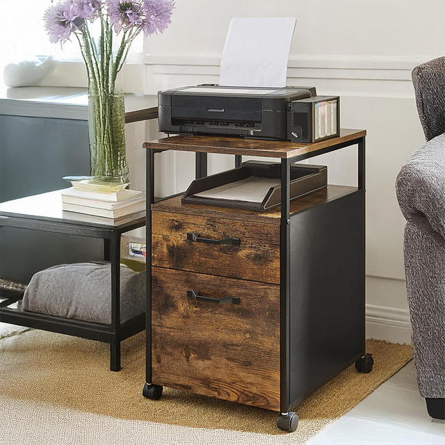 Custom ODM OEM Living Room Guest Room Office Hotel Workshop Sofa Corner End Table 2 Drawers Rustic Brown Wood Metal Contemporary