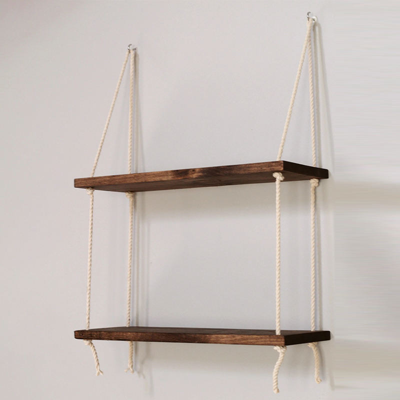Wood Rectangle Modern Hanging Shelf Wall Swing Storage Shelves 3-Tier Jute Rope Organizer