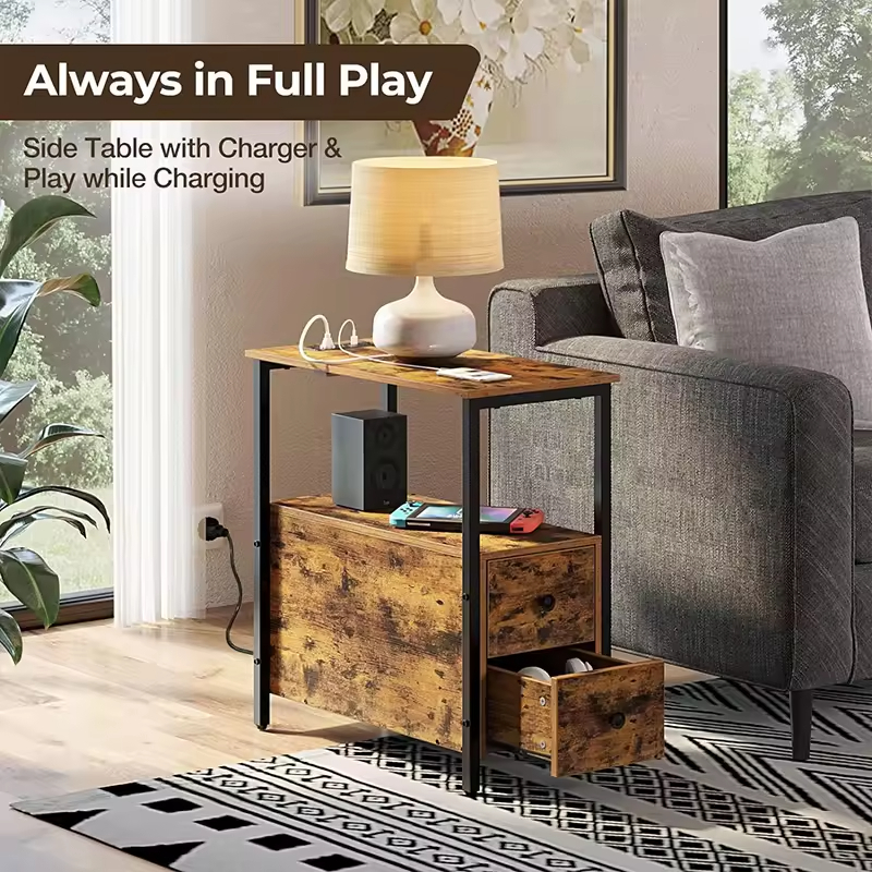 OEM ODM Custom Rustic Style Narrow Side Table 2 Wooden Drawers End Table Charging Station for Livingroom Bedside Home Furniture
