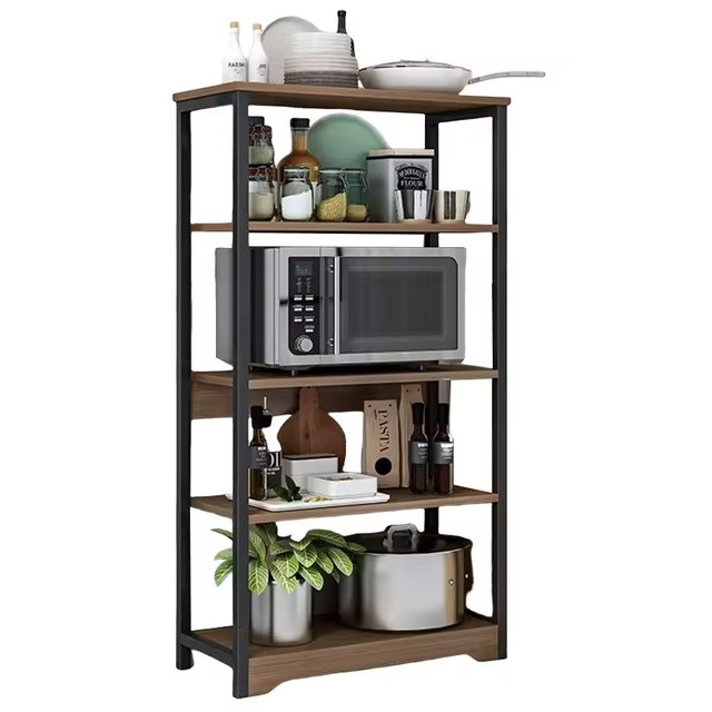 Factory Custom 5-layers Large Capacity Metal and Wooden Kitchen Storage Rack With Three Baskets Kitchen Storage Shelf Oven Rack