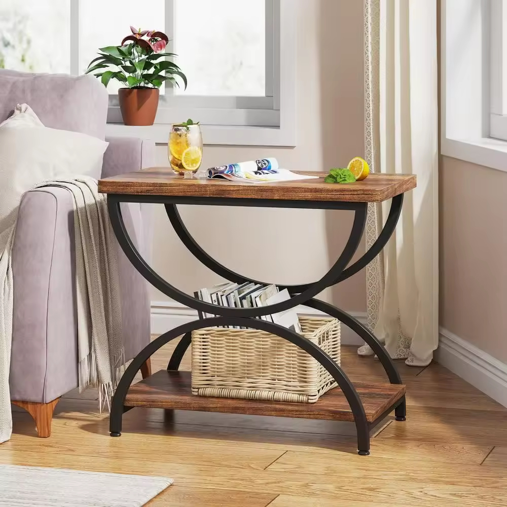Factory Custom 23.62in Rustic Brown & Black Rectangle Wood End Side Accent Table with Stylish 2-Tier Metal Frame for Dining
