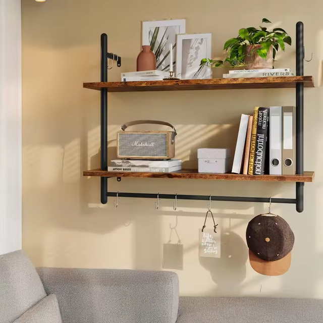 OEM&ODM Wall Mounted 3 Tier Ladder Coffee Bar Shelf Hanging Floating Pipe Shelving Kitchen Shelves