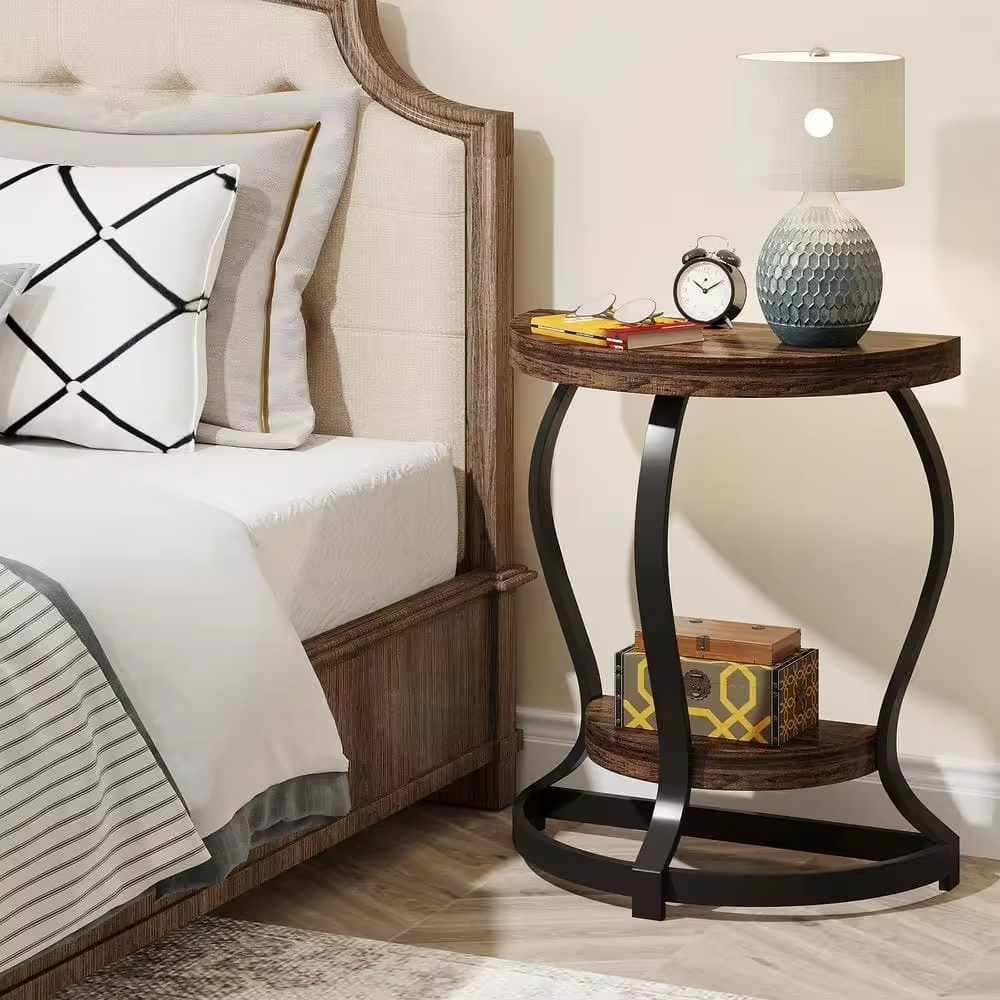 Factory Custom 23.6 in Rustic Brown Semi Circle Wood End Table 2 Tier Sofa Side Table for Living Room