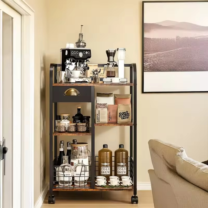 3-Tier Adjustable Vintage Steel & Wood Tool Storage Rack with Rotating Design and Mobile Wheels