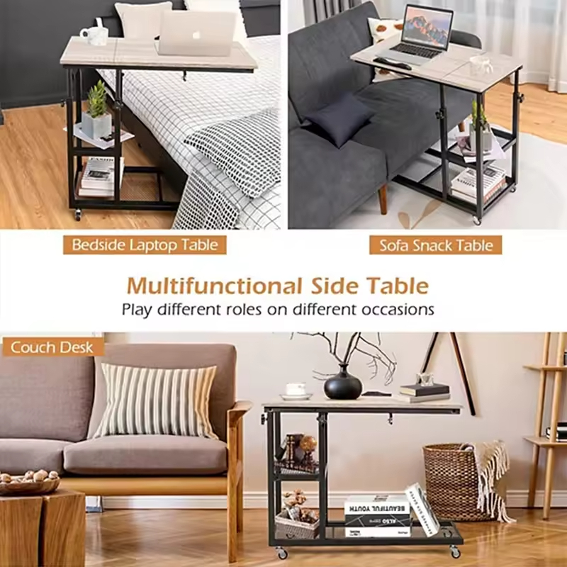 Adjustable Height Mobile C Shaped Console Table Storage Charging Station Rustic Modern Design Living Room Furniture for Home