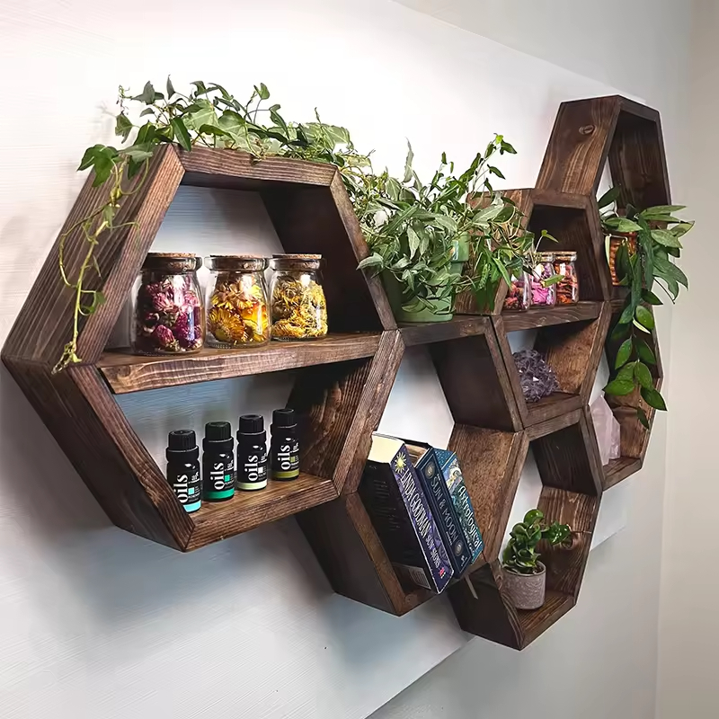 Solid Wood Rectangle Honeycomb Floating Modern Plated Digital Printing Durable Space-Saving Wood Shelf Huina Model 20251010