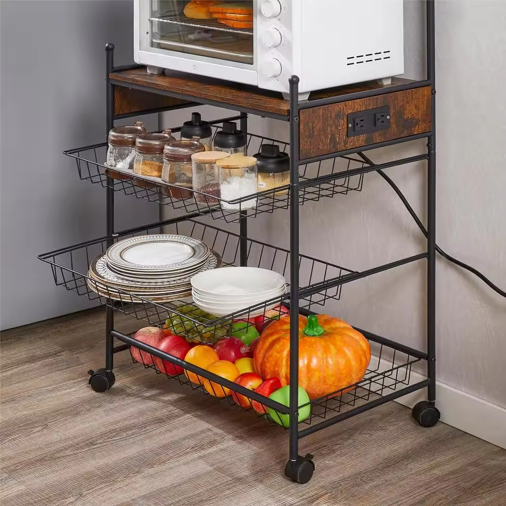 OEM/ODM Brown 5-Shelf Kitchen Storage Rack with Anti-Skid Locks and Wheels Factory Direct for Kitchen Islands & Carts