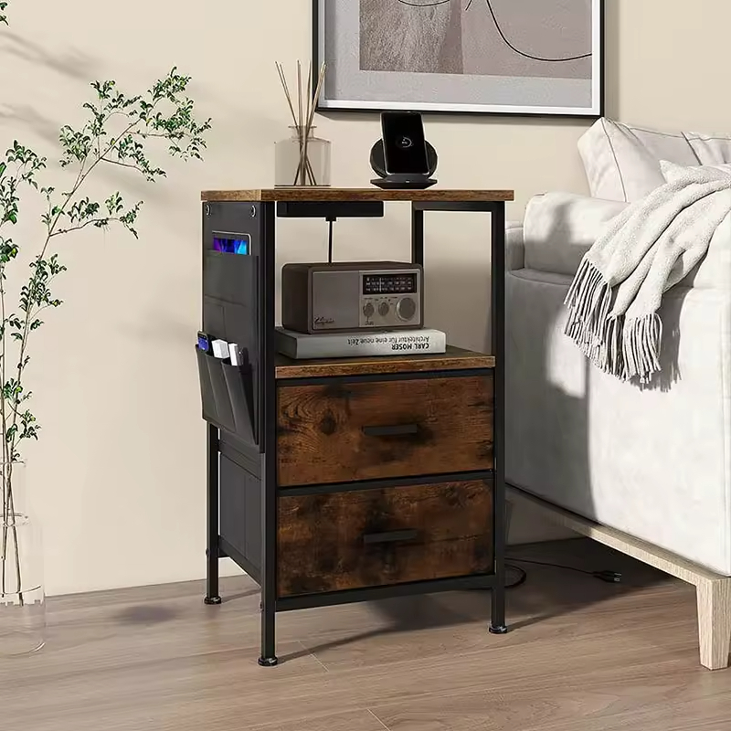 OEM&ODM Convertible Modern Bedroom Nightstand with 2 Drawers Charging Station Wooden and Metal End Table Small Nightstand