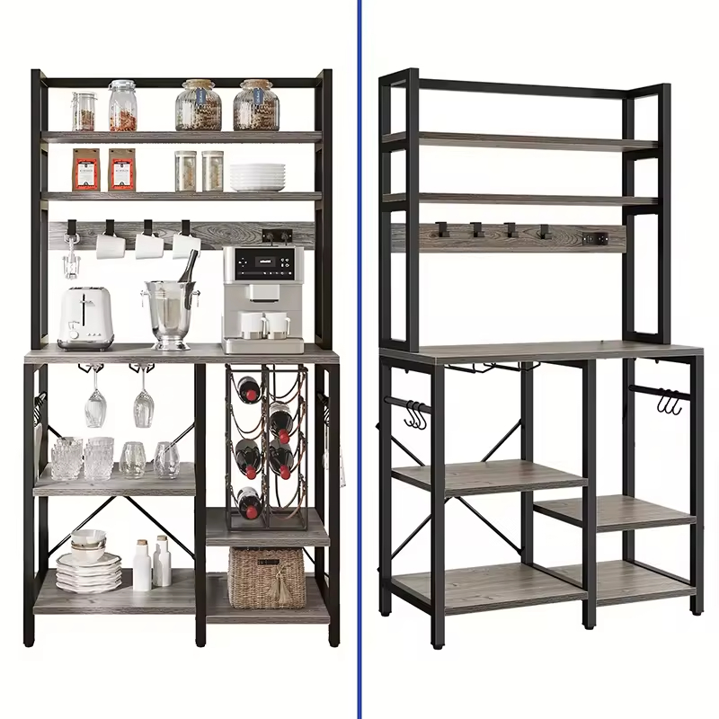 OEM/ODM Manufacturer's Freestanding Kitchen Storage Shelf Baker's Rack Microwave Oven Stand Coffee Bar Cabinet Power Outlet