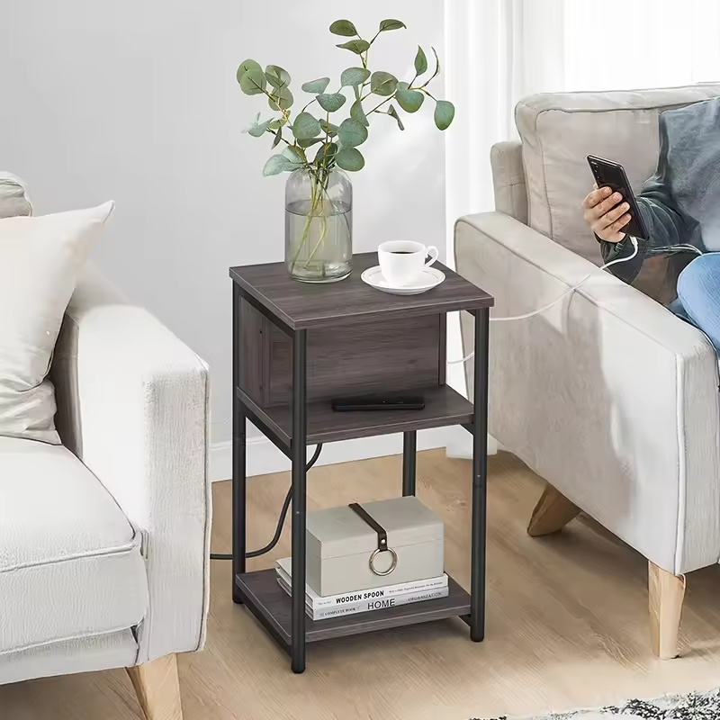 Modern 3-Tier 3-Port Solid Wood USB Charging Nightstand Side Table Plug-in Outlets Living Room Bedroom End Table Charging
