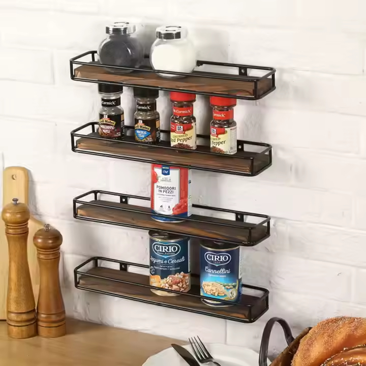 Manufacturer Custom 5-Jar Solid Wood Spice Rack Set with Wall Mounted Storage Solid Wood Metal Frame for Kitchen Islands & Carts