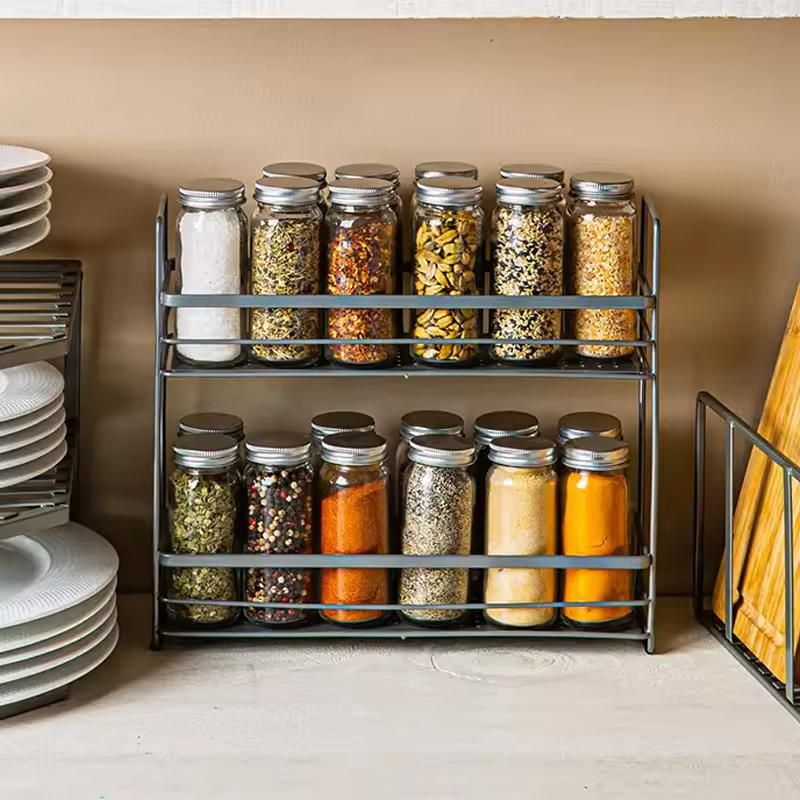 Hot-Selling Eco-Friendly Carbon Steel Floor Type Single-Tier Seasoning Rack Home Kitchen Storage Shelf Organizer with Spice Rack