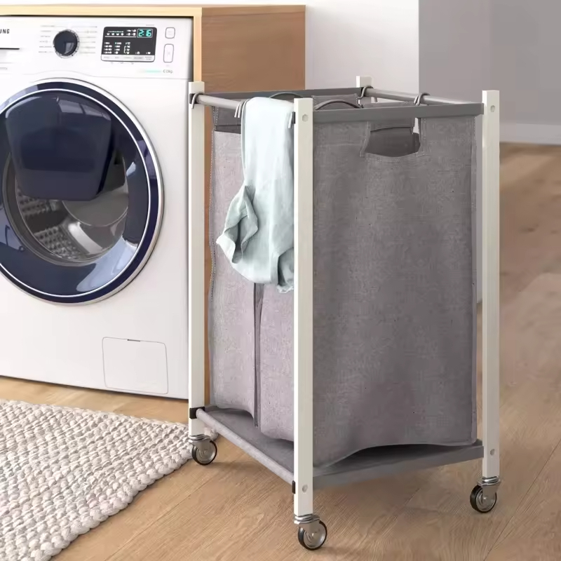 Factory OEM&ODM Metal Deep Set Wire Basket Storage Cart Wheels Fabric Rolling Laundry Sorter for Kitchen for Tableware Beverages