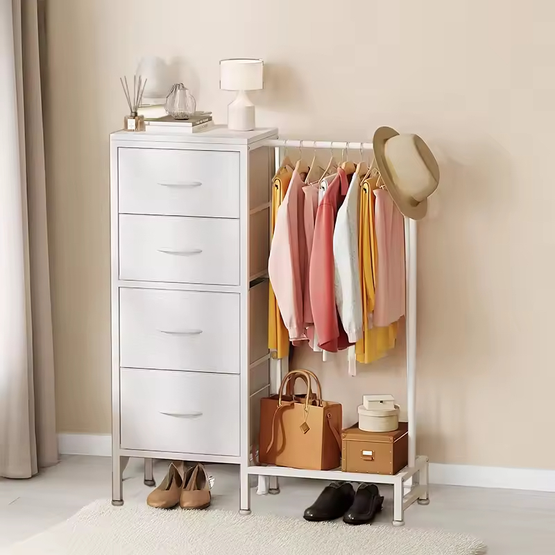 Small Metal Frame Bedroom Organizer with Hanging Rack and 4 Drawers Space-Saving Furniture for Bathroom Hotel Dorm or Closet