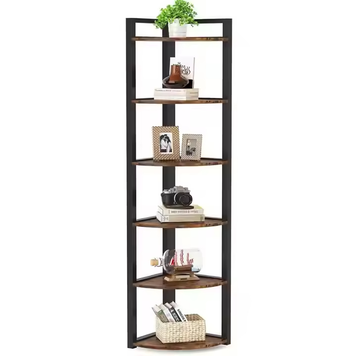 OEM & ODM Spine Shaped 6-Tier Wood Metal Strong Load-Bearing Storage Bookcase Stand-Alone Display Rack for Living Room Corner