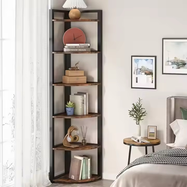 OEM & ODM 71-Inch Metal Wood Spine Shaped 6-Shelf Strong Load-Bearing Corner Bookcase for Living Room Easy Installation Storage