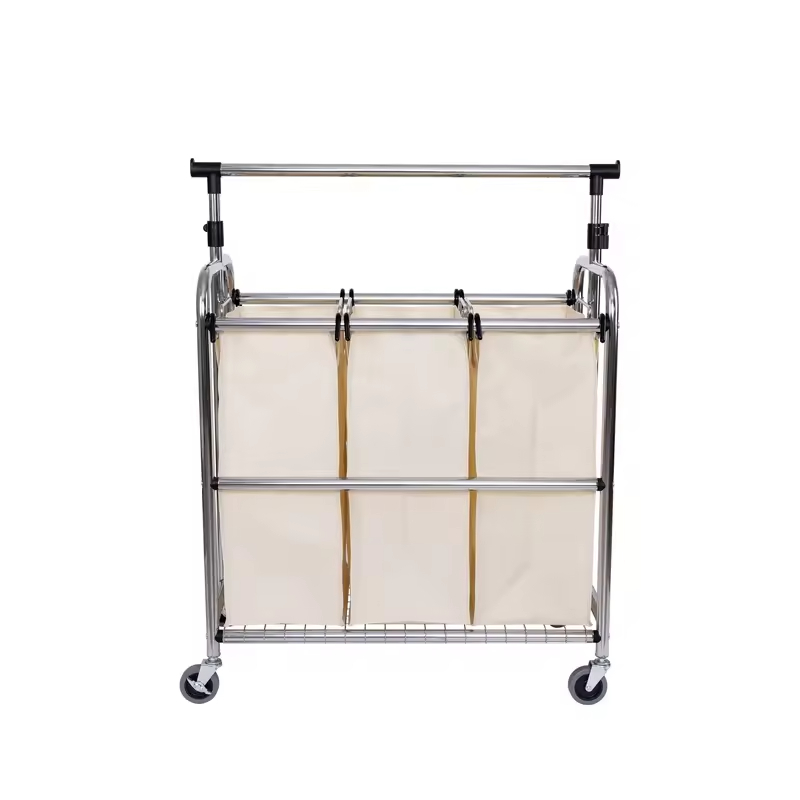 Factory Custom Hot-selling Laundry Basket Foldable Metal Bathroom Cabinets in Laundry Rolling 3-Bag Steel Laundry Sorter