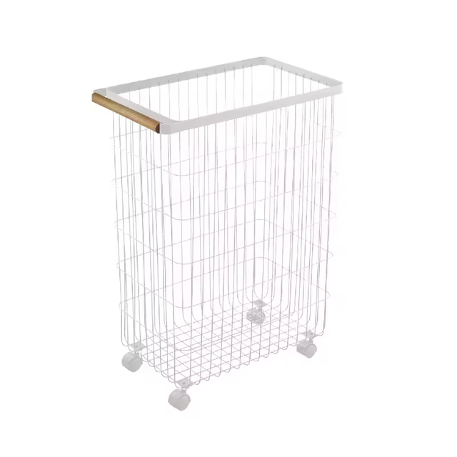 Factory Custom Home Slim Rolling Laundry Basket Hamper Steel + Wood Rolling Laundry Storage Basket With Ring Handles