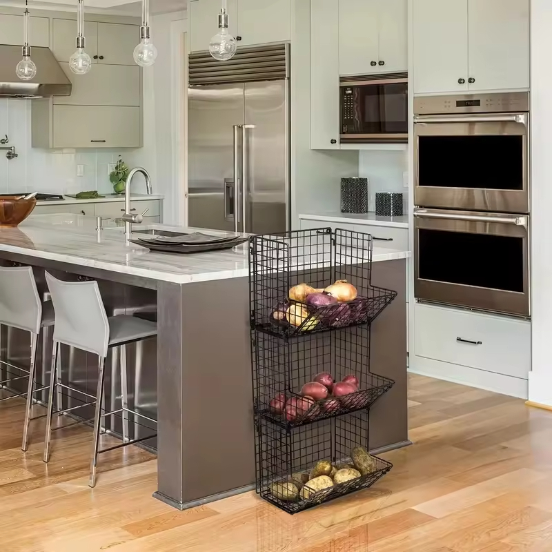 Hot-selling OEM&ODM 3-Tier Metal Fruit Basket Stand in Black Steel Wall Mounted Fruits and Vegetable Storage Basket