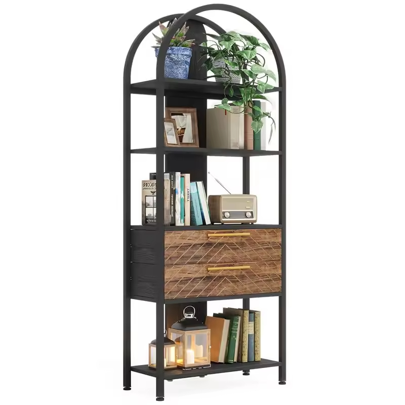 ODM OEM D11.8 H70.86 W27.55 Inch Tall 4-Shelf Standard Bookcase Bookshelf with 2-Drawers and LED Light Factory Direct