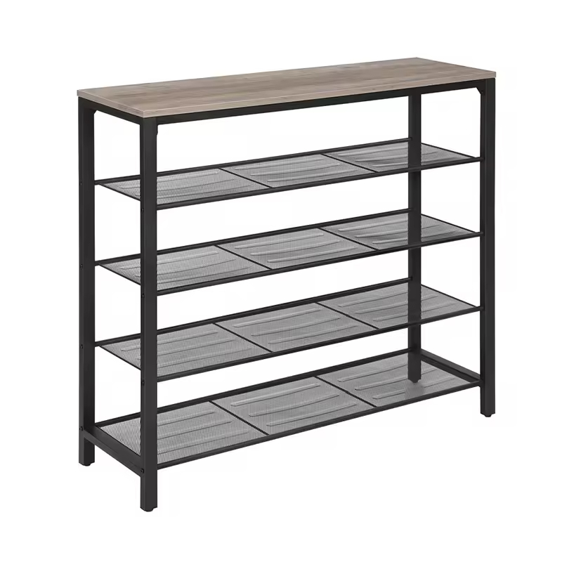 Custom 5 Tier Shoe Rack Organizer with Metal Frame and Wood Top Metal Mesh Shoe Storage Shelf Shoe Organizers