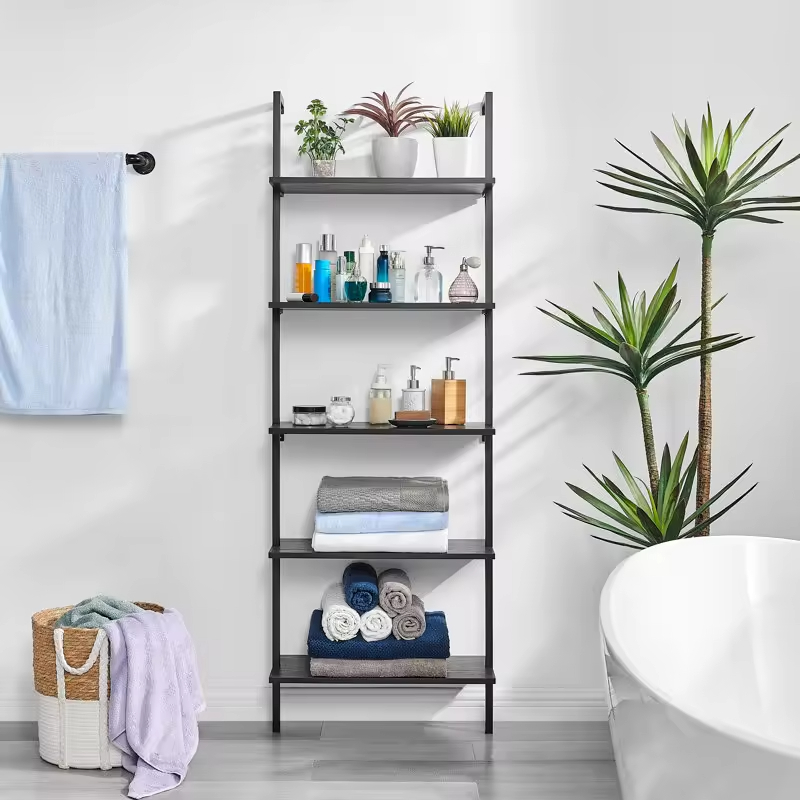 Factory Customize Metal&wood Storage Shelves Living Room Office 5 Tiers Shelf Ladder Bookcase With Black Metal Frame