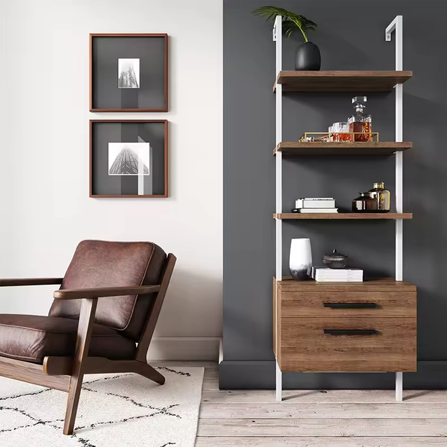 Factory ODM OEM 73'' H X 24'' W X 14'' D 4-Tier Metal Wood Bookcase 2 Drawers Display for Living Room Office Bedroom Study Room