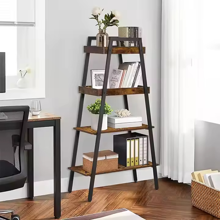 Customizable 4-Tier Solid Color Metal Wooden Bookcase Rack Factory Living Room Bedroom Display Bookshelf Storage