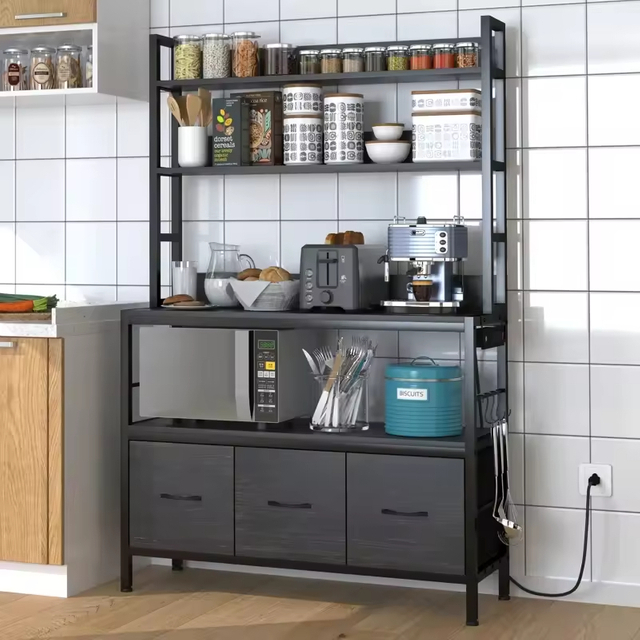 OEM/ODM 39.37'' 4-Tier Modern Kitchen Steel Standard Baker's Rack 3 Cabinets Microwave Stand Power Outlet Utility Storage Shelf