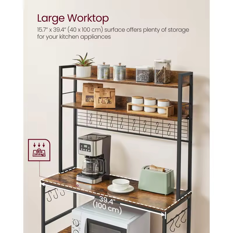 Manufacturer OEM/ODM Freestanding Kitchen Baker's Rack Microwave Oven Stand Coffee Machine Storage Shelf Socket Metal Wood