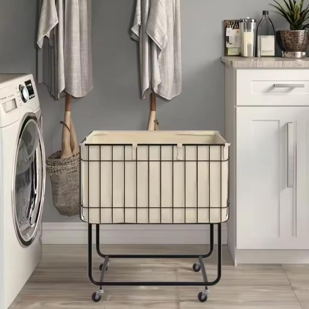 OEM ODM Factory Metal Deep Set Wire Basket Storage Cart Fabric Lining for Kitchen Food Bathroom Beverage Rolling Laundry Basket