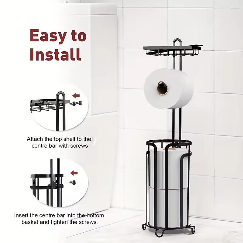 Custom Eco-Friendly Metal+Wood Floor-Standing Tissue Paper Roll Stand Space-Saving Bathroom Toilet Storage Rack