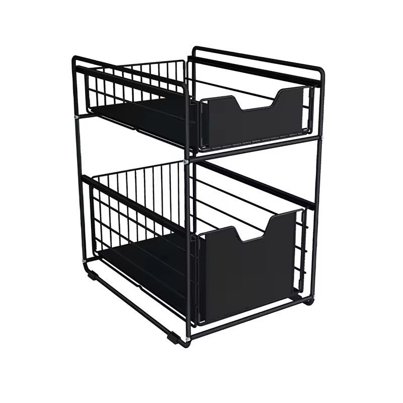 Customized Black Stackable Cabinet Storage Rack Wooden Metal 2 Set with Double Tiers for Kitchen & Living Room Organizer