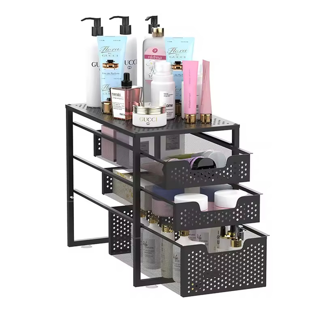 OEM & ODM Simple Trending Double Tier Standing Type Sink Cabinet Organizer Sliding Storage Drawer Metal Desktop Organizer