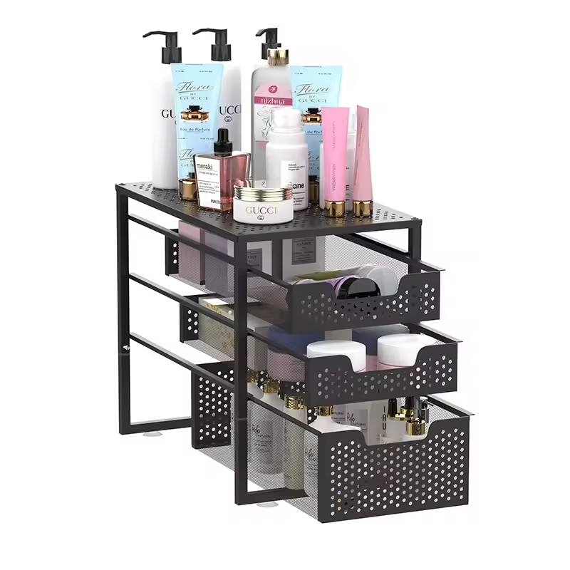 OEM & ODM Simple Trending Double Tier Standing Type Sink Cabinet Organizer Sliding Storage Drawer Metal Desktop Organizer
