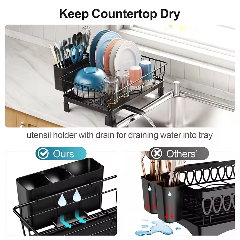 Factory Custom Eco-Friendly Stainless Steel Compact Dish Rack Utensil Holder Drain Spout for Kitchen Floor Installation Spice