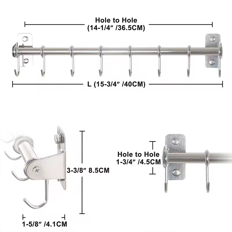 OEM&ODM Pot Rack and Pans Hanging Rack Rail with 8 Hooks Pot Hangers for Kitchen Wall Mounted Pot Racks